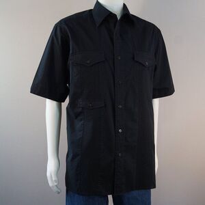 Sean John Black Cotton Shirt Mens Sz L Classic Fit Short Sleeve Guayabera Style
